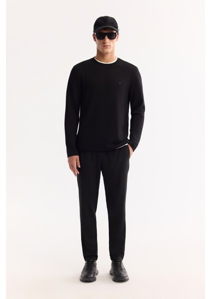 Erkek Siyah Bisiklet Yaka Viskon Karışımlı Bi-Stretch Basic Regular Fit Sweatshirt B001081