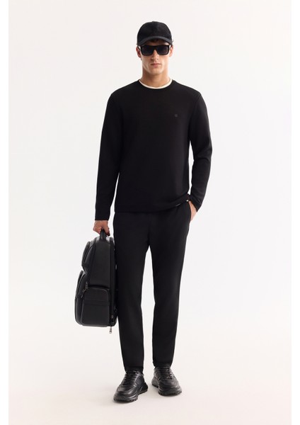 Erkek Siyah Bisiklet Yaka Viskon Karışımlı Bi-Stretch Basic Regular Fit Sweatshirt B001081