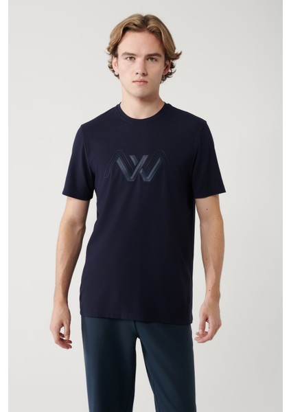 Erkek Lacivert Bisiklet Yaka Baskılı Soft Touch Regular Fit T-Shirt A41Y1037