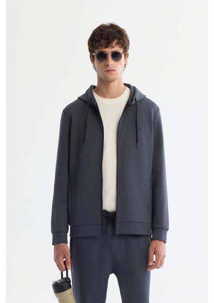 Erkek Antrasit Kapüşonlu İnterlok Kumaş Fermuarlı Basic Regular Fit Sweatshirt B001102