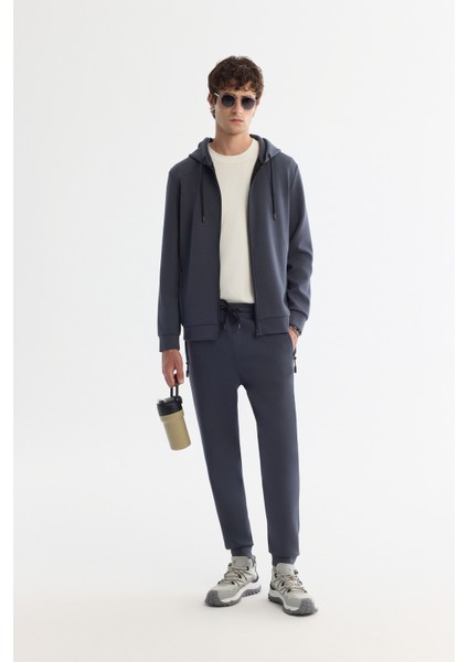 Erkek Antrasit Kapüşonlu İnterlok Kumaş Fermuarlı Basic Regular Fit Sweatshirt B001102