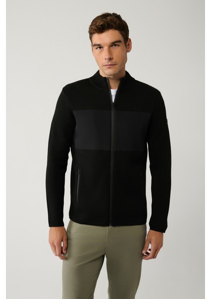 Erkek Siyah Dik Yaka Önü Desenli Teknik Kumaş Detaylı Fermuarlı Triko Mont A32Y6056