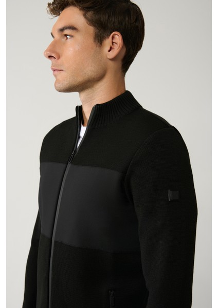 Erkek Siyah Dik Yaka Önü Desenli Teknik Kumaş Detaylı Fermuarlı Triko Mont A32Y6056 fiyatları