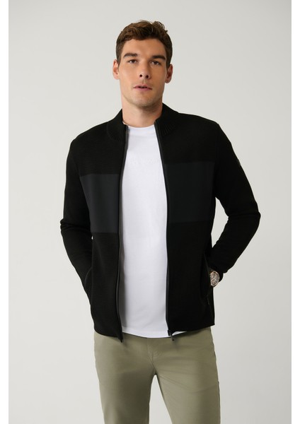 Erkek Siyah Dik Yaka Önü Desenli Teknik Kumaş Detaylı Fermuarlı Triko Mont A32Y6056 modelleri