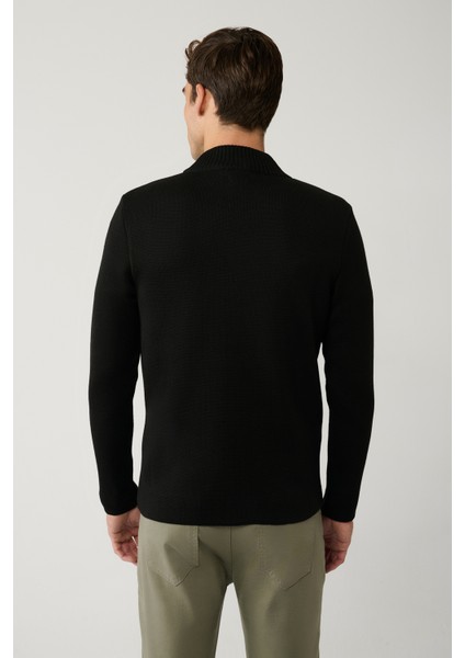 Erkek Siyah Dik Yaka Önü Desenli Teknik Kumaş Detaylı Fermuarlı Triko Mont A32Y6056 fırsatları