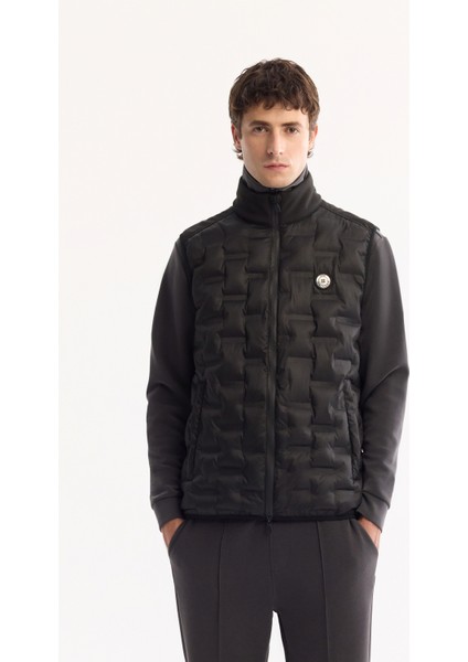 Erkek Siyah Dik Yaka Su İtici Rüzgar Geçirmez Hafif Şişme Comfort Fit Yelek A52Y6583