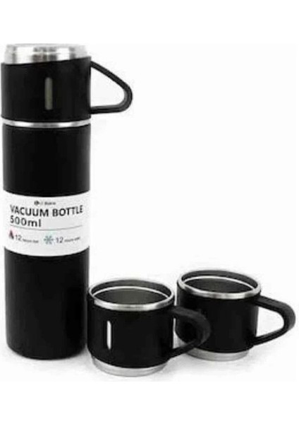 Termos Paslanmaz Çelik Termos Siyah Renk 3 Bardaklı Termos Seti