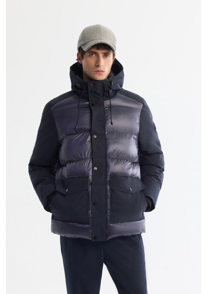 Erkek Lacivert Kapüşonlu Su İtici Rüzgar Geçirmez Parlak Şişme Comfort Fit Mont A42Y6104