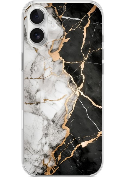 iPhone 16 Plus Uyumlu Siyah Beyaz Mermer Baskılı Silikon Kılıf