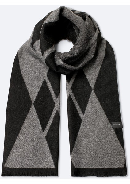 Erkek Gri-siyah Viskon Karışımlı Püsküllü Desenli Şal A42y9406