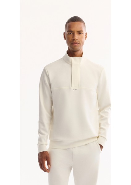 Erkek Ekru Dik Yaka Fermuarlı Pamuklu Bi-Stretch Regular Fit Sweatshirt A52Y1282