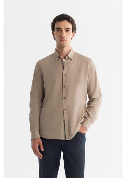 Erkek Bej Düğmeli Yaka %100 Pamuk Desenli Slim Fit Gömlek A42Y2049