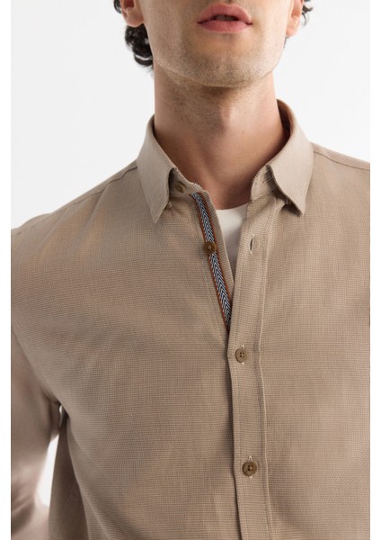 Erkek Bej Düğmeli Yaka %100 Pamuk Desenli Slim Fit Gömlek A42Y2049 fiyatları