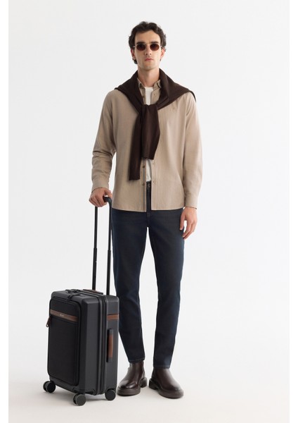 Erkek Bej Düğmeli Yaka %100 Pamuk Desenli Slim Fit Gömlek A42Y2049