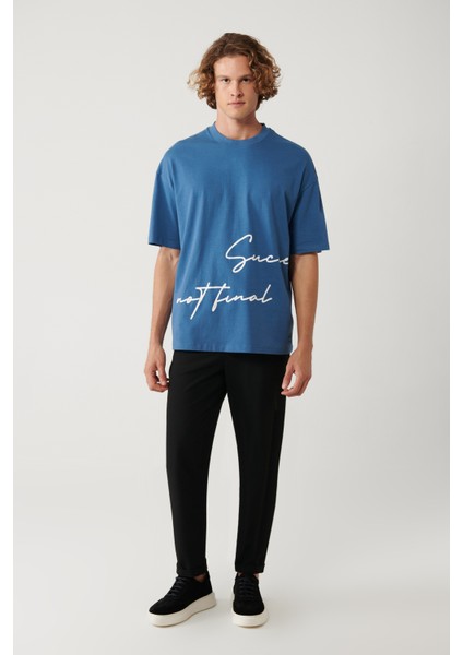 Erkek İndigo %100 Pamuk Bisiklet Yaka Baskılı Oversize Fit T-Shirt A41Y1038