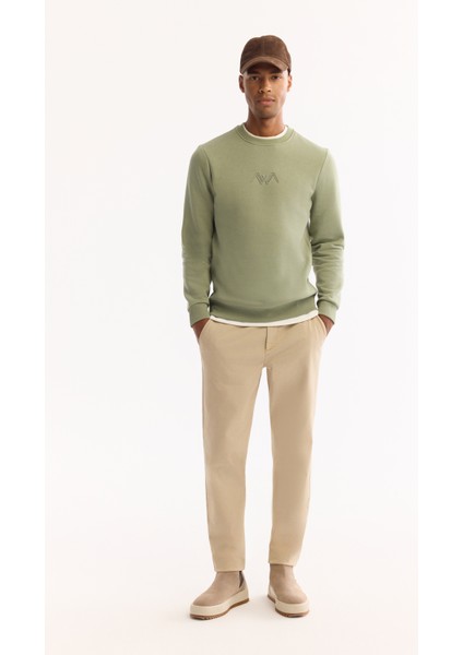 Erkek Yeşil Bisiklet Yaka Pamuklu Şardonlu Baskılı Regular Fit Sweatshirt B001033