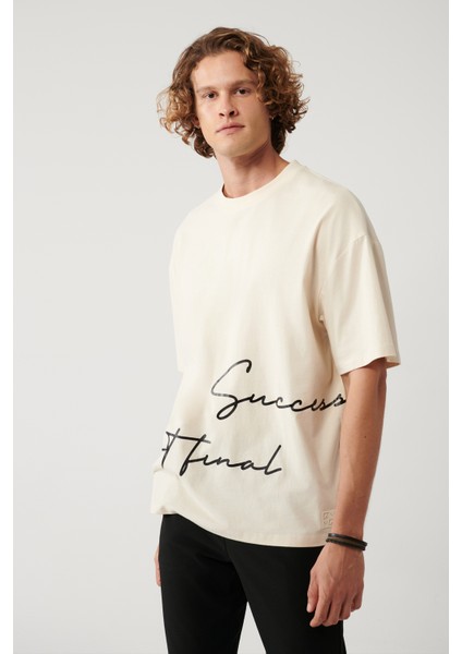 Erkek Bej %100 Pamuk Bisiklet Yaka Baskılı Oversize Fit T-Shirt A41Y1038