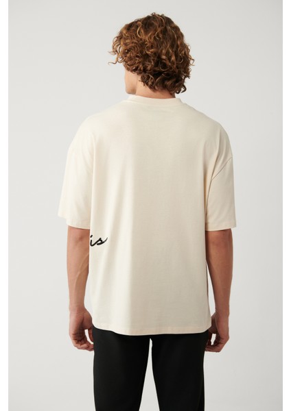 Erkek Bej %100 Pamuk Bisiklet Yaka Baskılı Oversize Fit T-Shirt A41Y1038 fırsatları