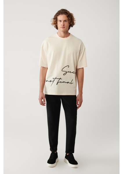 Erkek Bej %100 Pamuk Bisiklet Yaka Baskılı Oversize Fit T-Shirt A41Y1038