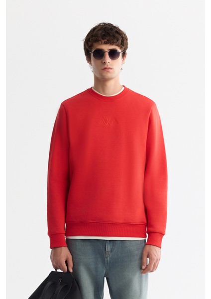 Erkek Kırmızı Bisiklet Yaka Pamuklu Şardonlu Baskılı Regular Fit Sweatshirt B001033