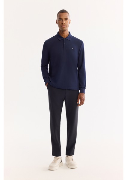 Erkek Lacivert Polo Yaka Pamuklu Basic Slim Fit Sweatshirt B001080