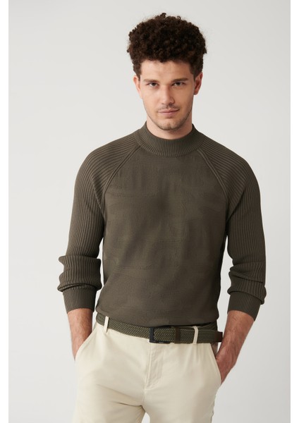 Erkek Haki Yüksek Bisiklet Yaka Kamuflaj Desenli Rayon Kazak A32Y5046