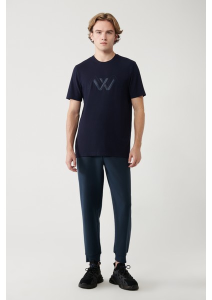 Erkek Lacivert Bisiklet Yaka Baskılı Soft Touch Regular Fit T-Shirt A41Y1037