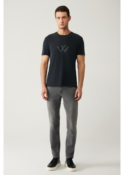 Erkek Antrasit Bisiklet Yaka Baskılı Soft Touch Regular Fit T-shirt A41y1131