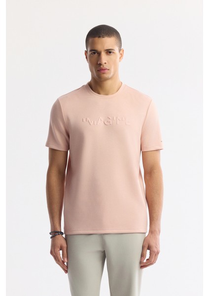 Erkek Pembe Bisiklet Yaka Baskılı Basic Regular Fit T-Shirt A41Y1167