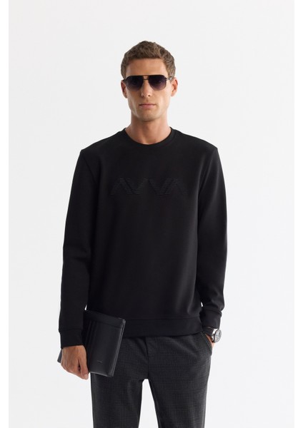 Erkek Siyah Bisiklet Yaka Pamuklu Baskılı Elastan Regular Fit Sweatshirt A42Y1227