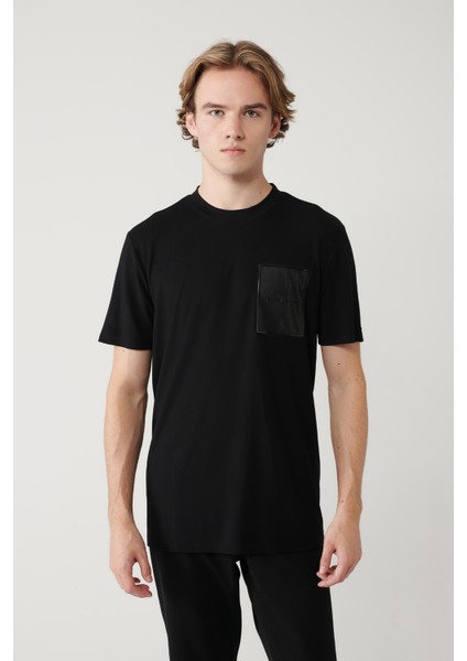 Erkek Siyah Bisiklet Yaka Baskılı Soft Touch Regular Fit T-Shirt A41Y1010