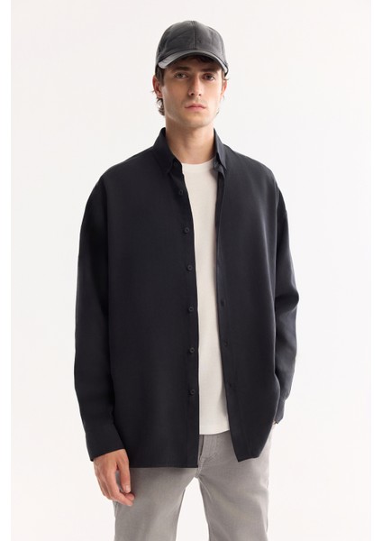 Erkek Siyah Düğmeli Yaka Soft Touch Oversize Fit Gömlek A52Y2023 indirimleri