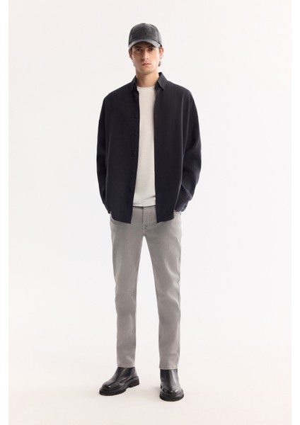 Erkek Siyah Düğmeli Yaka Soft Touch Oversize Fit Gömlek A52Y2023