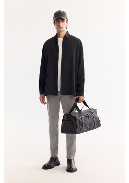 Erkek Siyah Düğmeli Yaka Soft Touch Oversize Fit Gömlek A52Y2023
