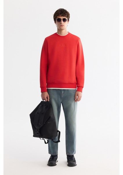 Erkek Kırmızı Bisiklet Yaka Pamuklu Şardonlu Baskılı Regular Fit Sweatshirt B001033 indirimleri