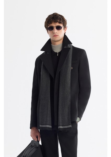 Erkek Siyah Kruvaze Kapama Yandan Cepli Yün Karışımlı Astarlı Kaşe Comfort Fit Kaban A42Y6065