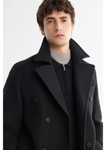 Erkek Siyah Kruvaze Kapama Yandan Cepli Yün Karışımlı Astarlı Kaşe Comfort Fit Kaban A42Y6065 fiyatları