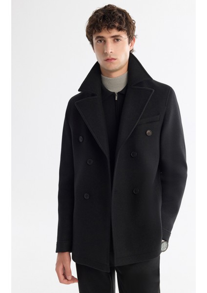 Erkek Siyah Kruvaze Kapama Yandan Cepli Yün Karışımlı Astarlı Kaşe Comfort Fit Kaban A42Y6065 modelleri