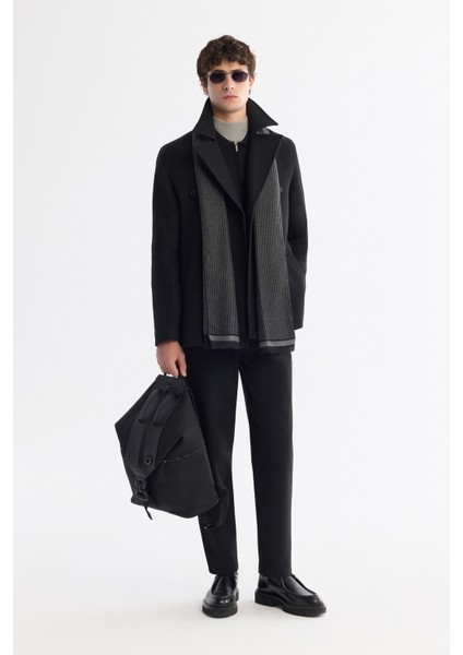 Erkek Siyah Kruvaze Kapama Yandan Cepli Yün Karışımlı Astarlı Kaşe Comfort Fit Kaban A42Y6065