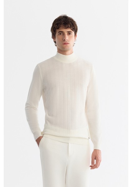 Erkek Beyaz Yarım Balıkçı Yaka Dokulu Basic Kazak E005108