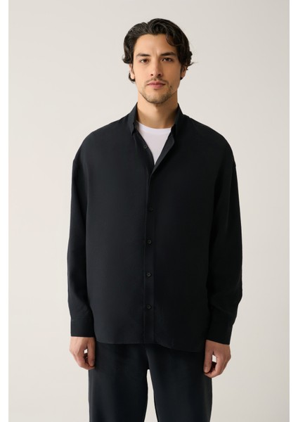 Erkek Siyah Soft Touch Alttan Britli Yaka Soft Touch Oversize Fit Gömlek A41Y2168 fırsatları