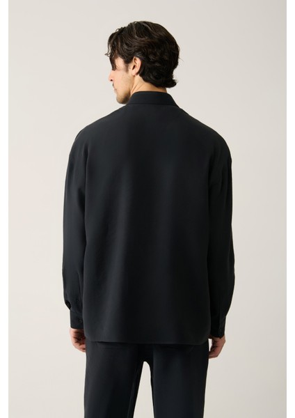 Erkek Siyah Soft Touch Alttan Britli Yaka Soft Touch Oversize Fit Gömlek A41Y2168 indirimleri