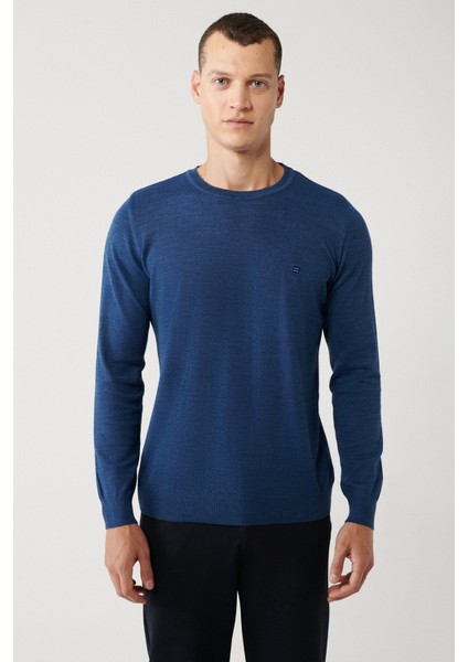 Erkek İndigo Bisiklet Yaka Yün Karışımlı Triko Regular Fit Kazak B005013