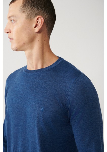 Erkek İndigo Bisiklet Yaka Yün Karışımlı Triko Regular Fit Kazak B005013 fiyatları