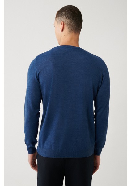 Erkek İndigo Bisiklet Yaka Yün Karışımlı Triko Regular Fit Kazak B005013 fırsatları