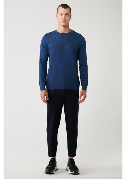 Erkek İndigo Bisiklet Yaka Yün Karışımlı Triko Regular Fit Kazak B005013 indirimleri