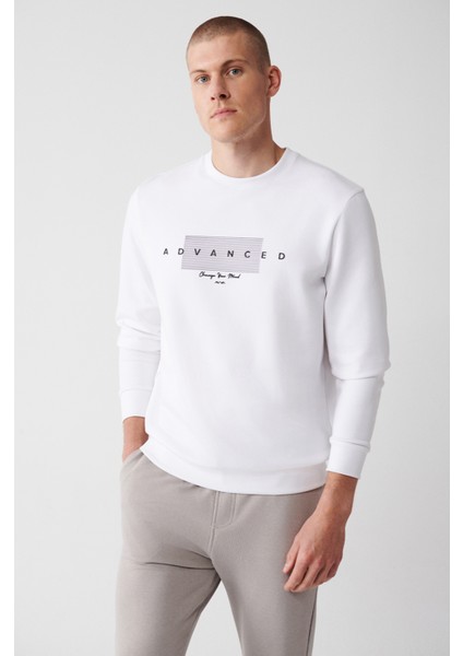 Erkek Beyaz İnterlok Kumaş Bisiklet Yaka Baskılı Sweatshirt A32Y1371
