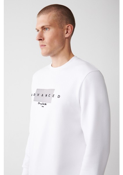 Erkek Beyaz İnterlok Kumaş Bisiklet Yaka Baskılı Sweatshirt A32Y1371 fiyatları