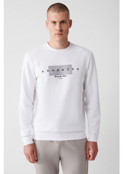 Erkek Beyaz İnterlok Kumaş Bisiklet Yaka Baskılı Sweatshirt A32Y1371 modelleri
