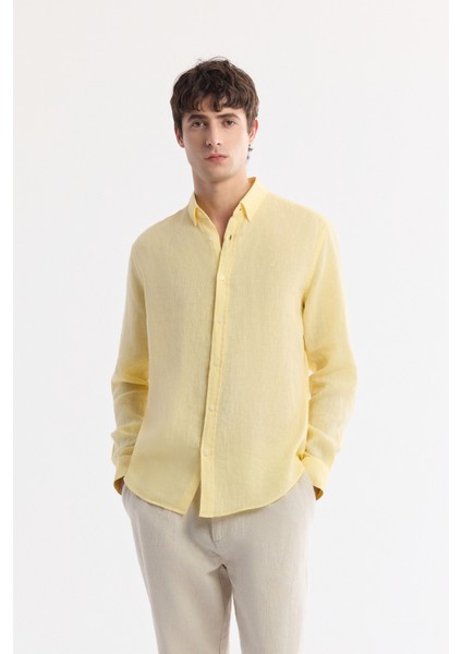 Erkek Sarı Düğmeli Yaka %100 Keten Comfort Fit Gömlek B002191